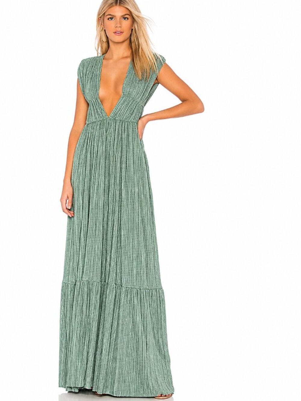 Sabina Musayev Tyler Sage Green Pistachio Plisse Deep V Tiered Maxi Dress Small
